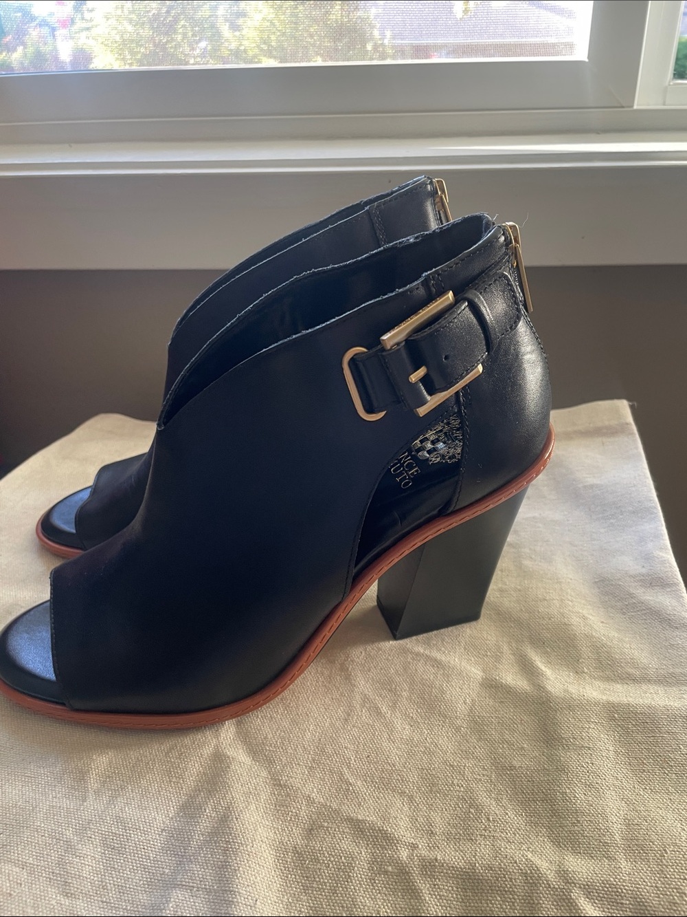 Vince Camuto Black Leather Open-Toe Buckle Heeled Booties with Brown Trim - Picture 3 of 10
